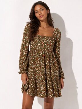 BCBG Paris Olive Floral Babydoll Dress Cottagecore Coquette Medium